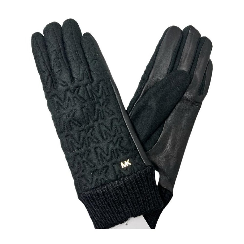 Michael Kors Logo Womens Black Quilted Knit Leather Trim Gloves Sz M New - Picture 2 of 6